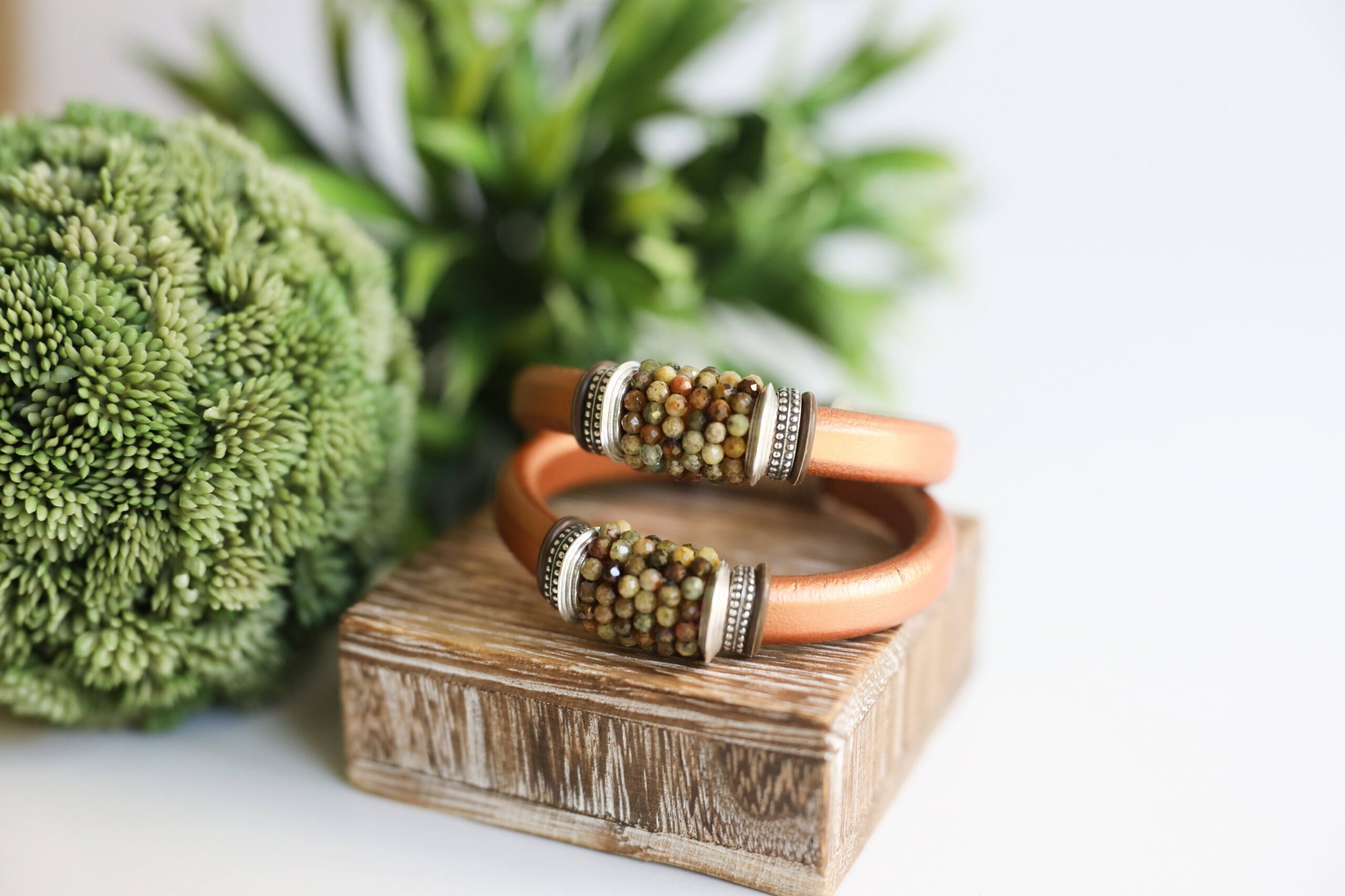 Green Garnet on Copper Leather Bracelet