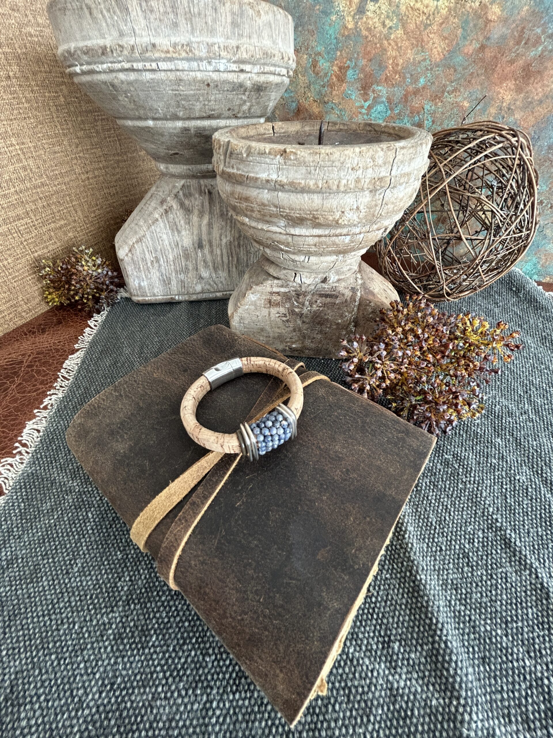 Modern Denim blue sapphire bracelet on cork