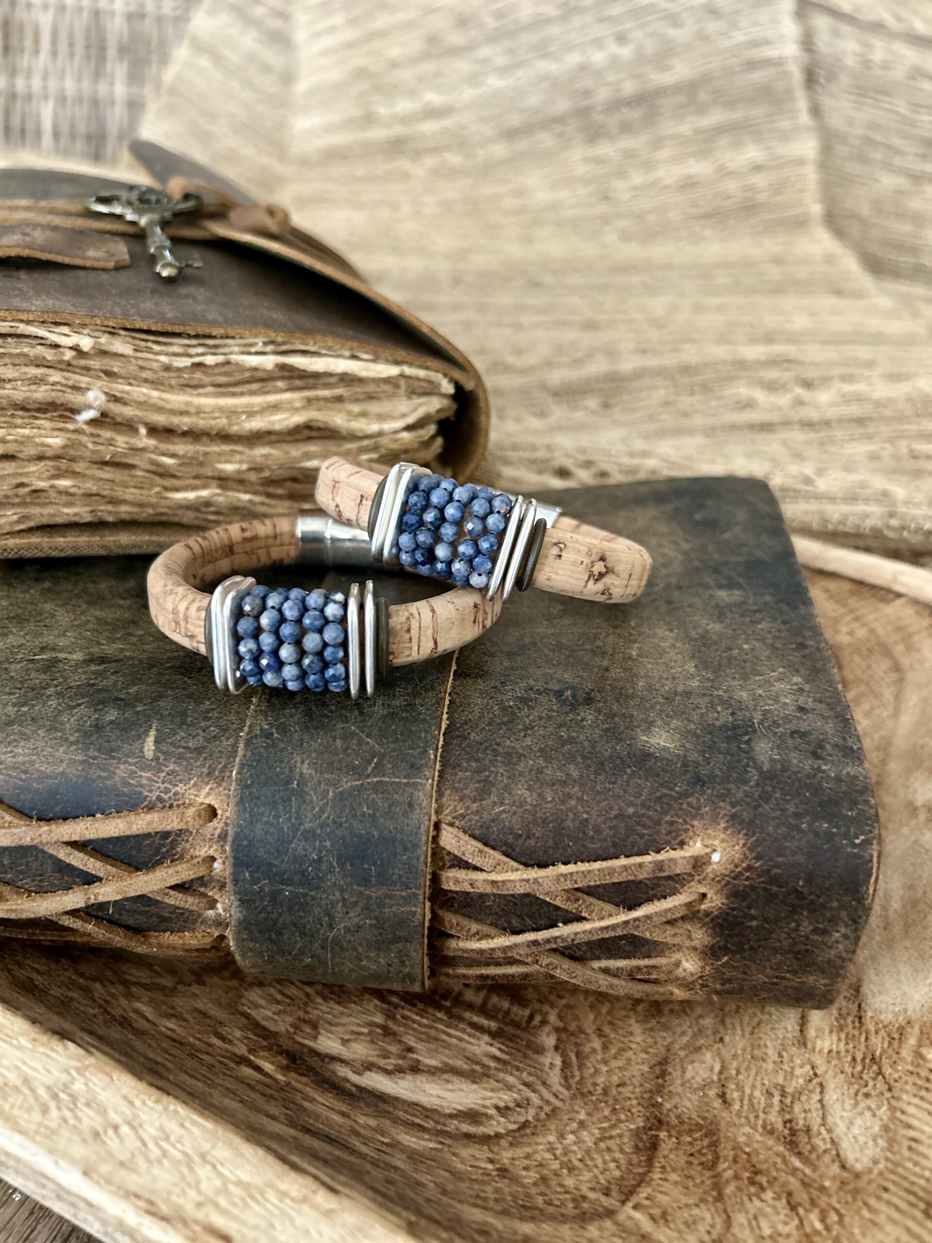 Modern Denim blue sapphire bracelet on cork