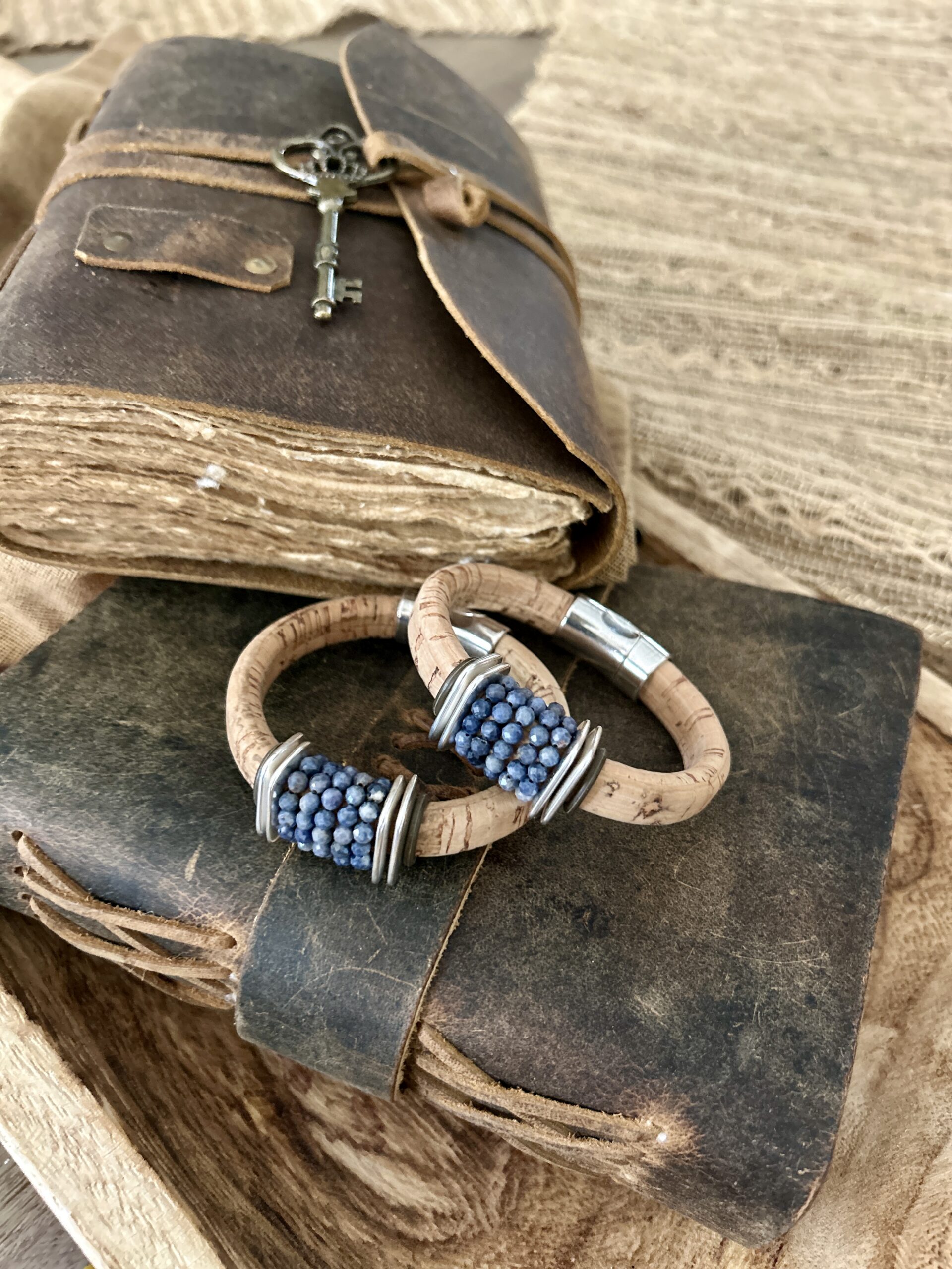 Modern Denim blue sapphire bracelet on cork