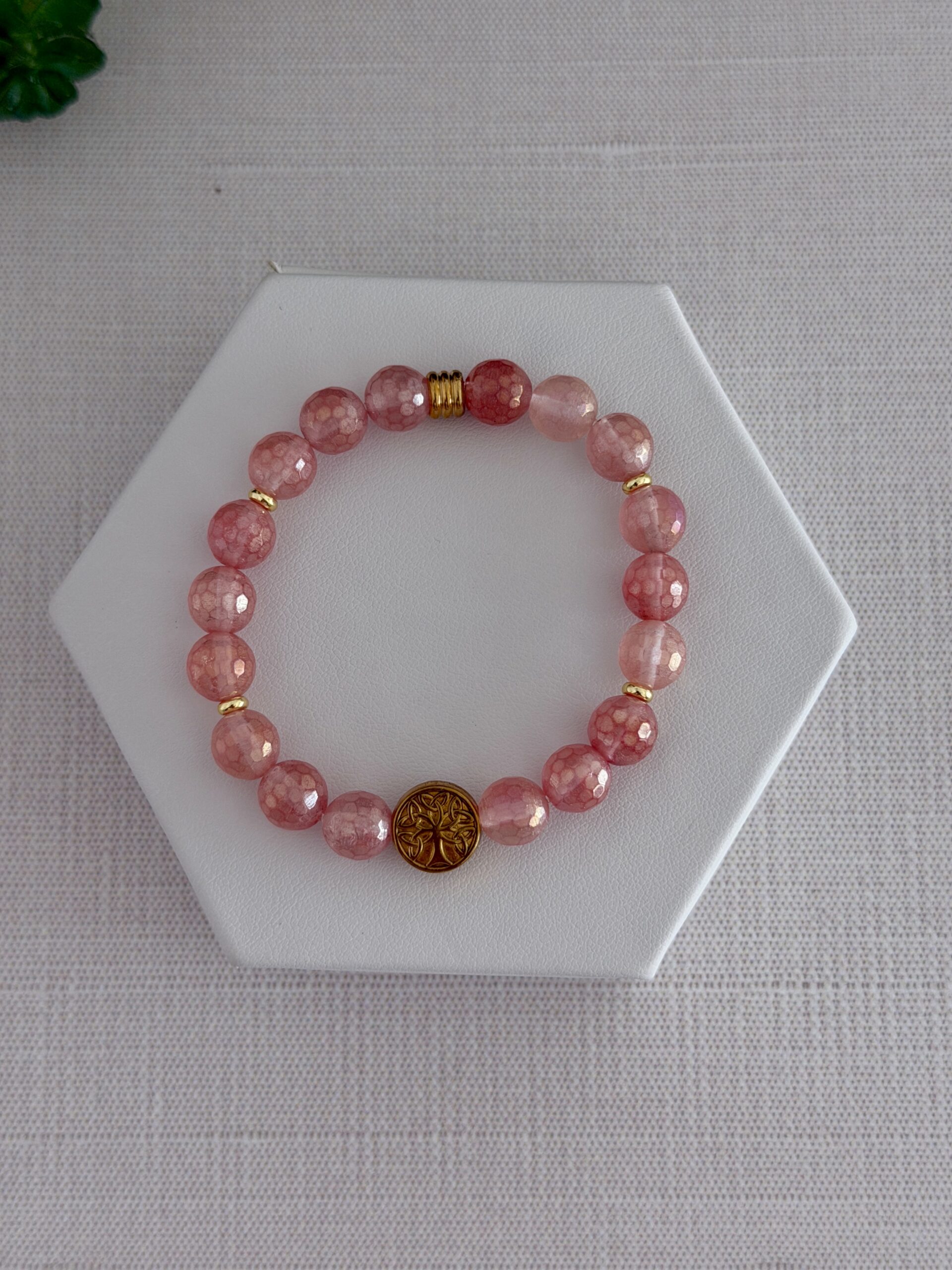 Mystic rose Quartz gemstone bracelet with an embossed tree focal.