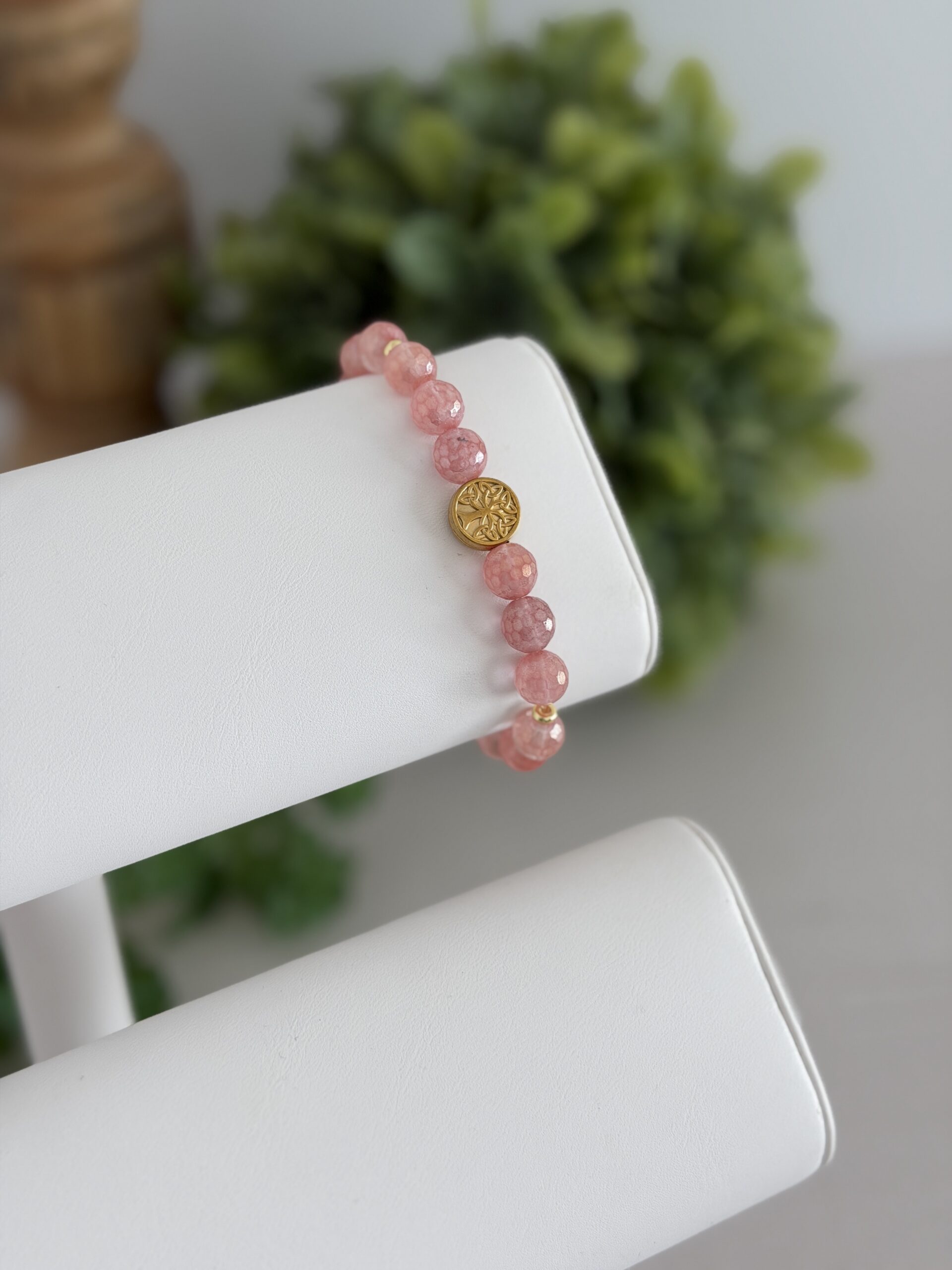 Mystic rose Quartz gemstone bracelet with an embossed tree focal.
