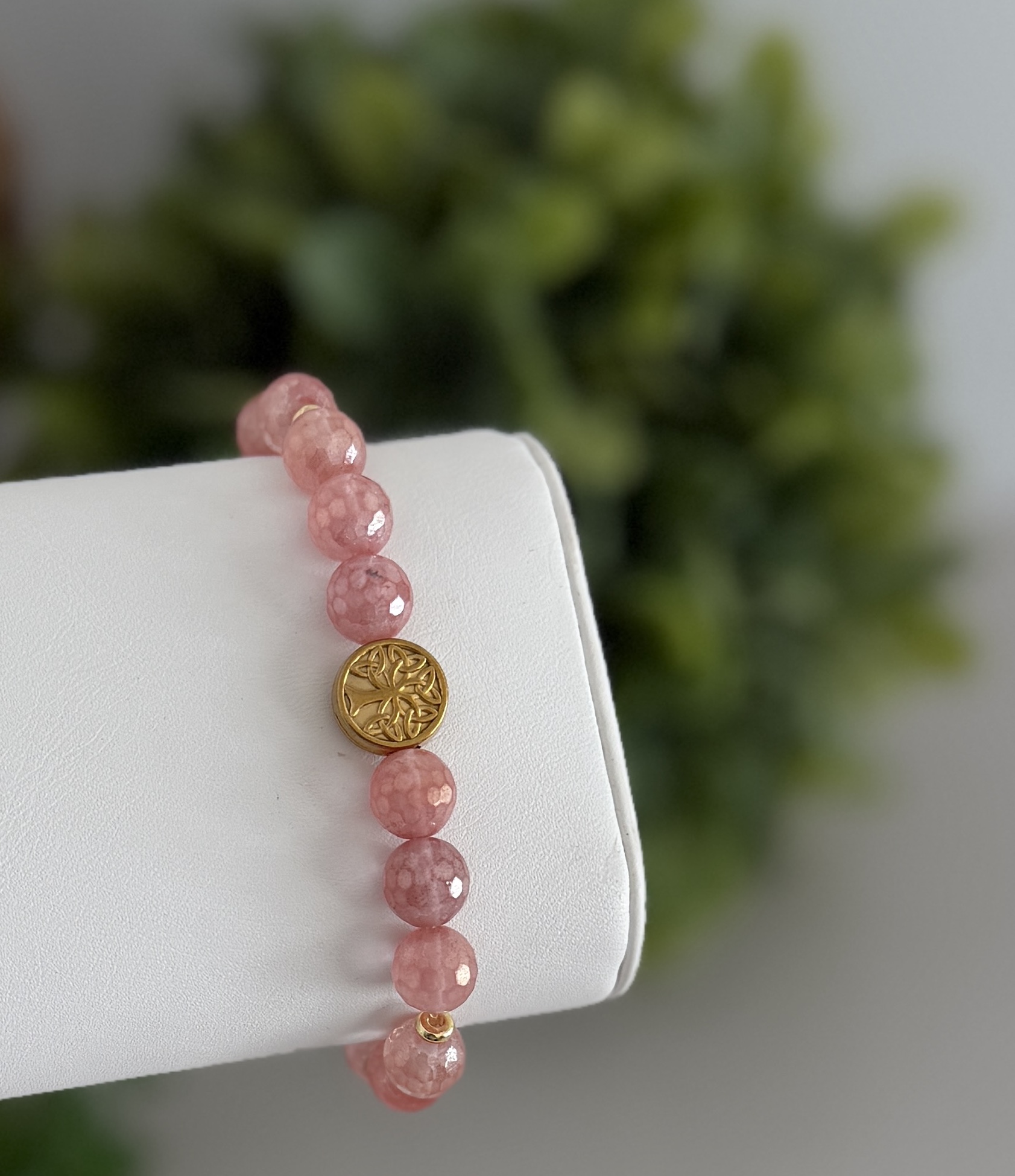Mystic rose Quartz gemstone bracelet with an embossed tree focal.