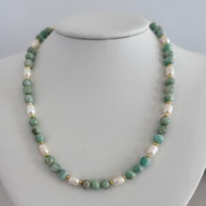 Aqua Green Gemstone and Pearl Necklace