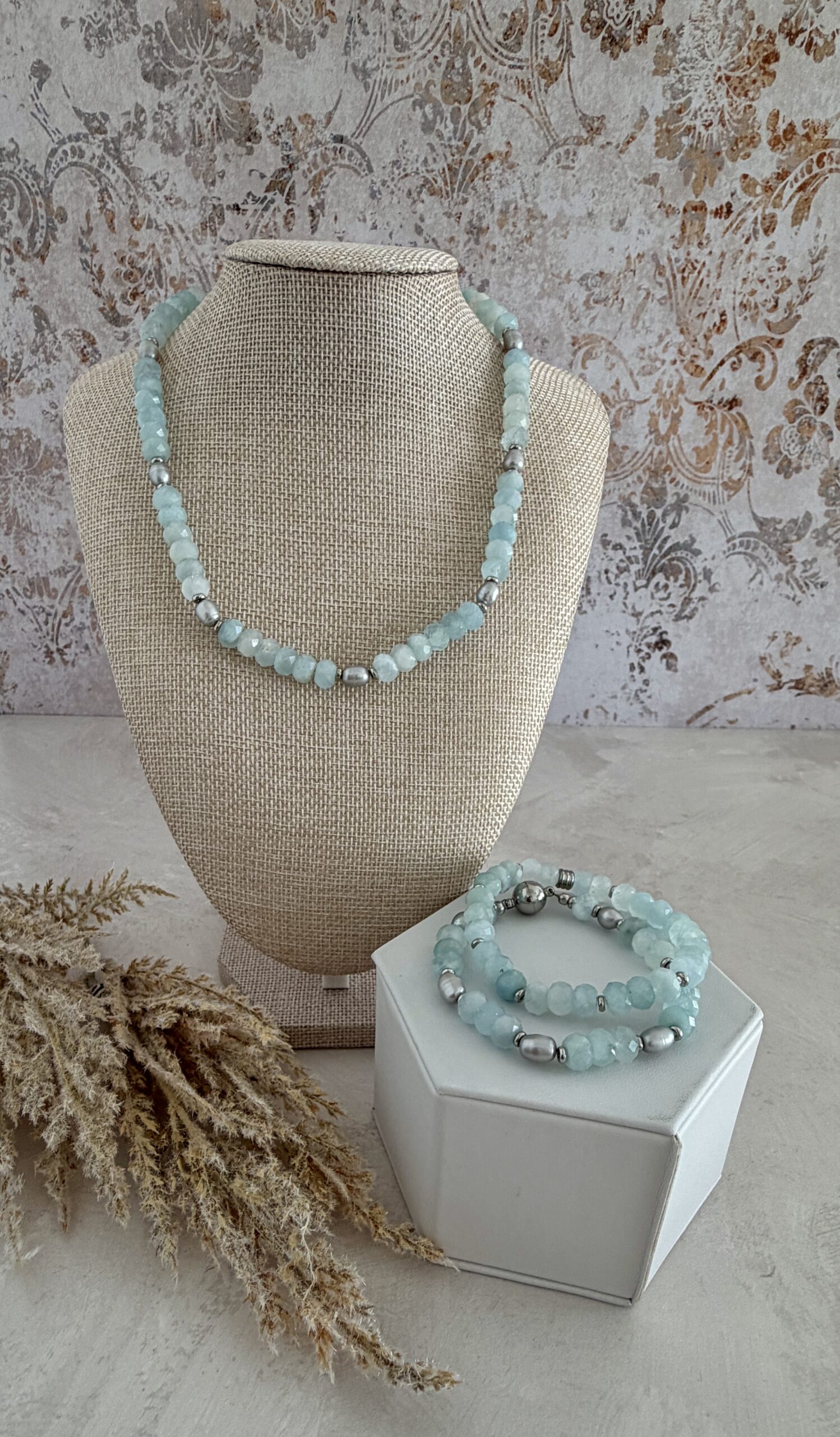 Pale Blue Aquamarine. And silver Pearl Necklace